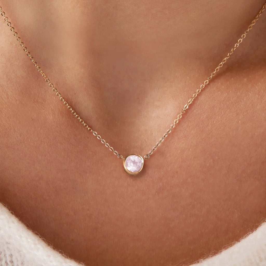 Jamestown Rose Quartz Solitaire Necklace in 14k Gold (October)