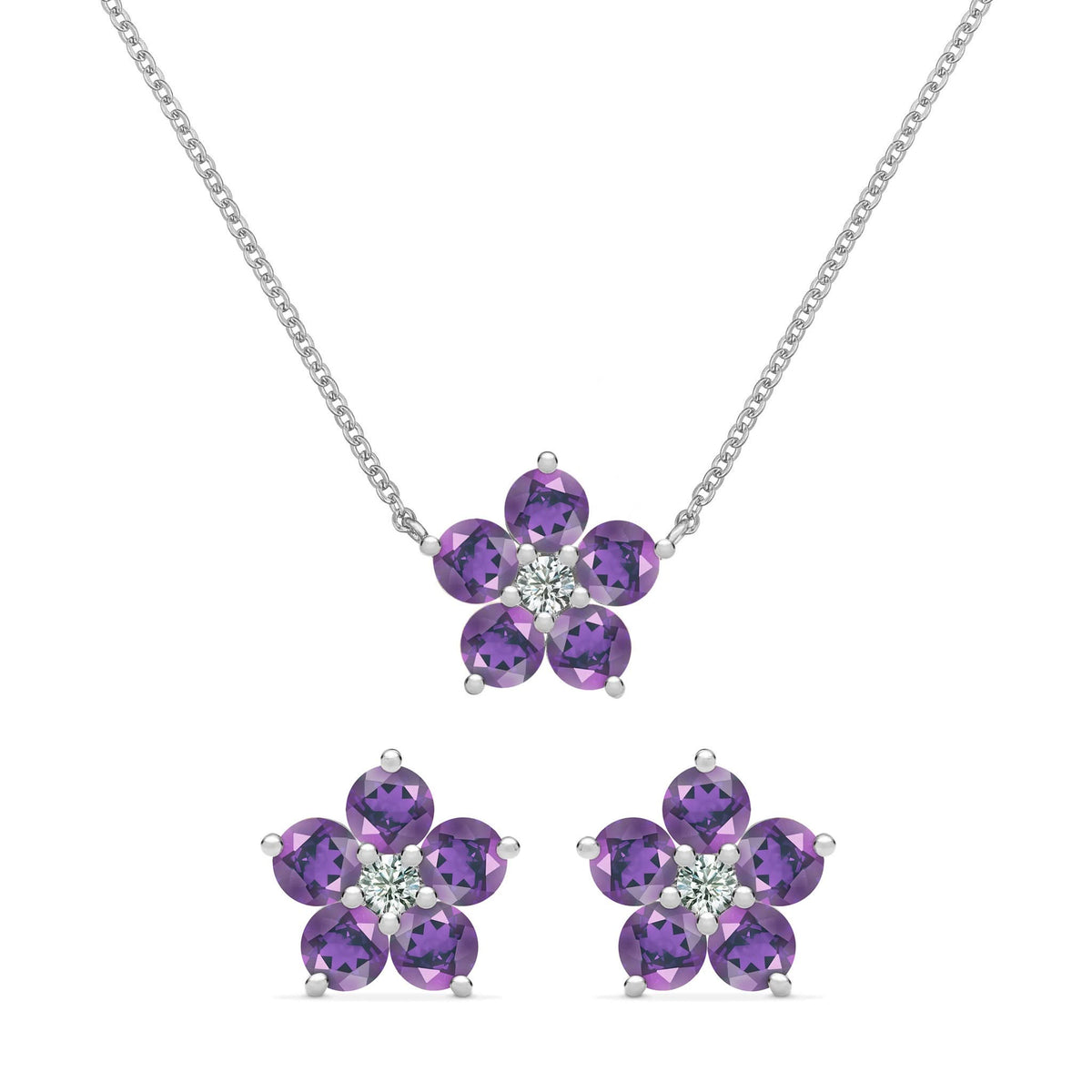 Greenwich Flower Amethyst & Diamond Necklace and Earrings Set in 14k Gold (February)