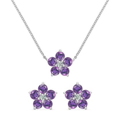 Greenwich Flower Amethyst & Diamond Necklace and Earrings Set in 14k Gold (February)