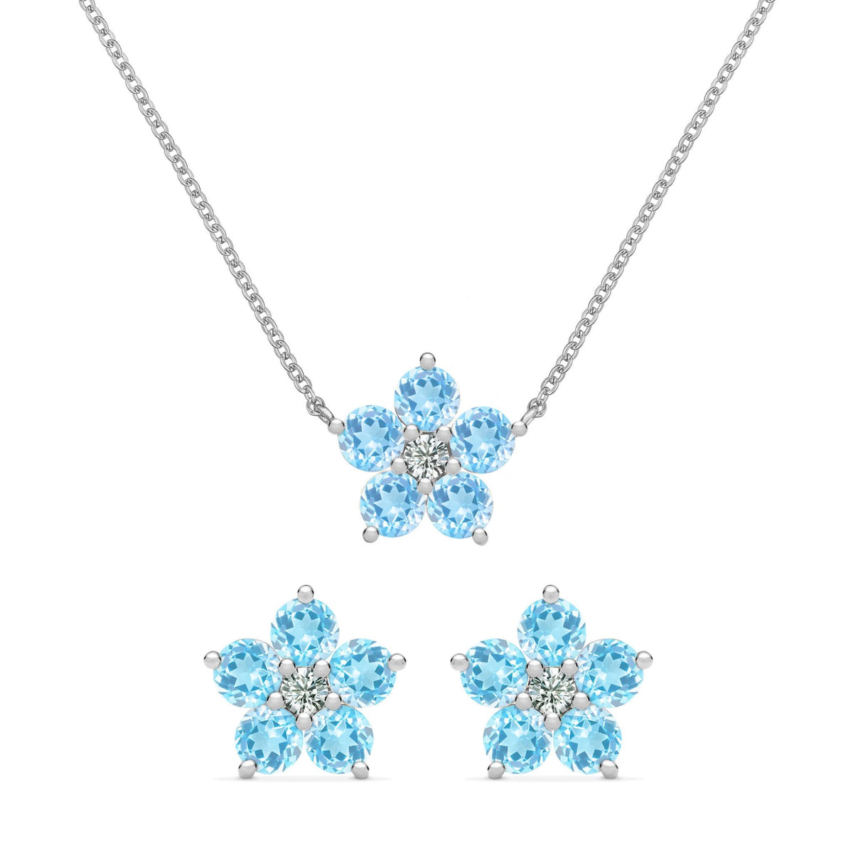 Greenwich Flower Nantucket Blue Topaz & Diamond Necklace and Earrings Set in 14k Gold (December)