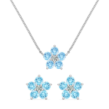 Greenwich Flower Nantucket Blue Topaz & Diamond Necklace and Earrings Set in 14k Gold (December)