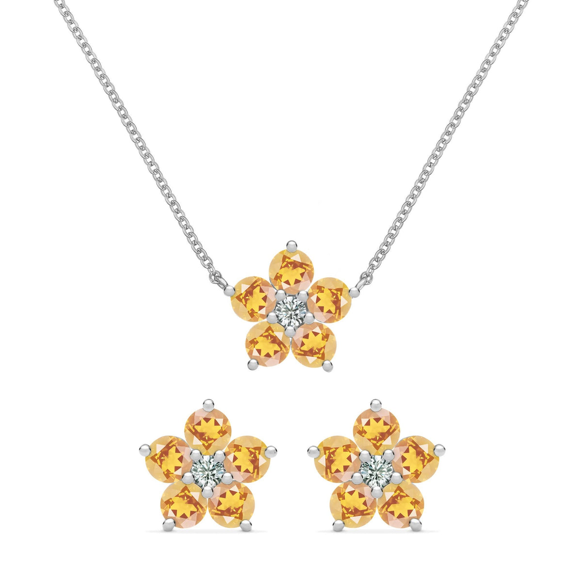 Greenwich Flower Citrine & Diamond Necklace and Earrings Set in 14k Gold (November)