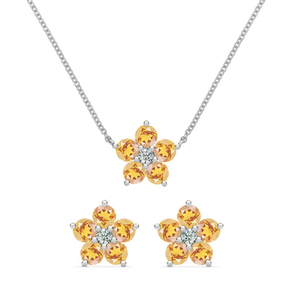 Greenwich Flower Citrine & Diamond Necklace and Earrings Set in 14k Gold (November)