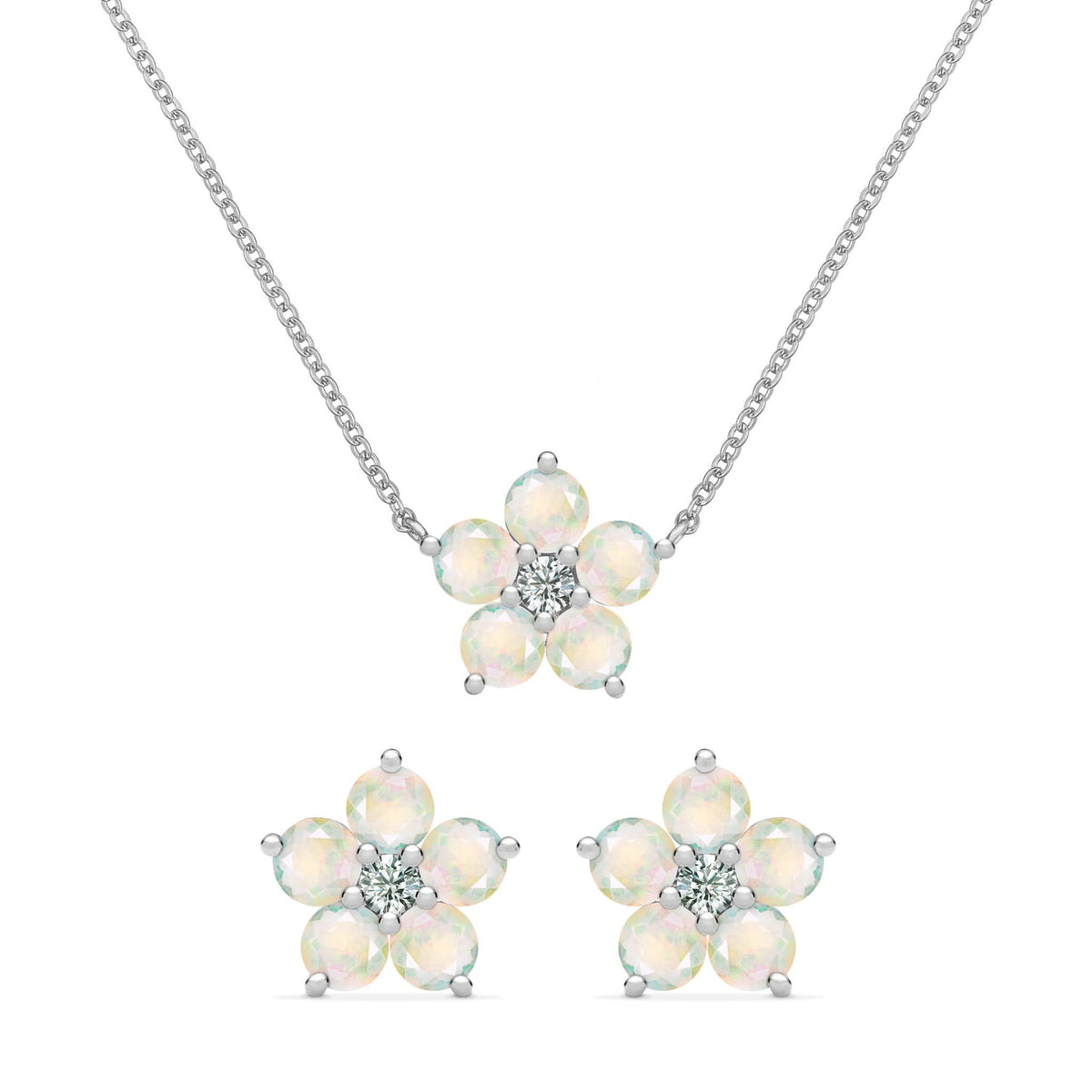 Greenwich Flower Opal & Diamond Necklace and Earrings Set in 14k Gold (October)