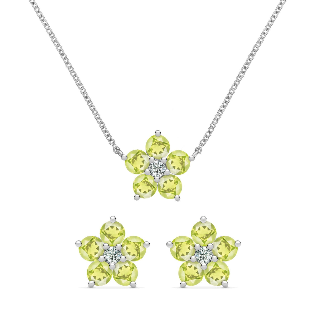 Greenwich Flower Peridot & Diamond Necklace and Earrings Set in 14k Gold (August)