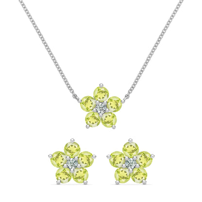 Greenwich Flower Peridot & Diamond Necklace and Earrings Set in 14k Gold (August)