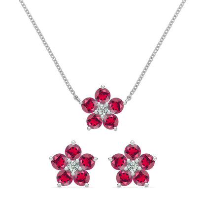 Greenwich Flower Ruby & Diamond Necklace and Earrings Set in 14k Gold (July)