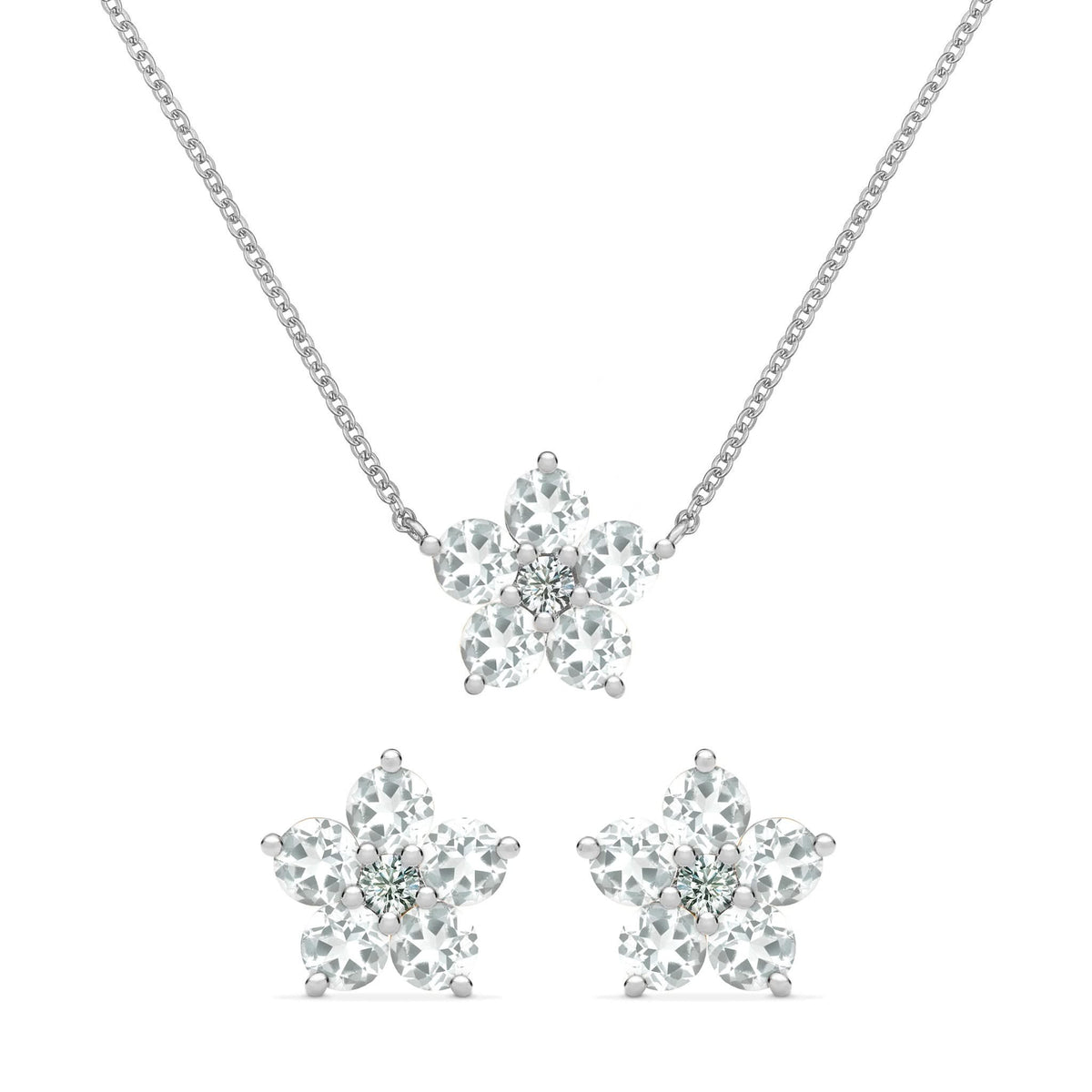 Greenwich Flower White Topaz & Diamond Necklace and Earrings Set in 14k Gold (April)