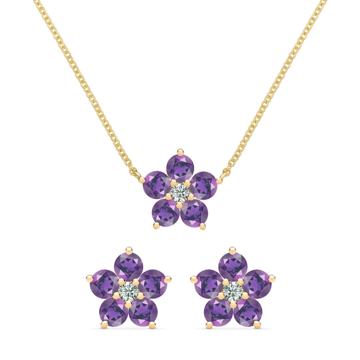 Greenwich Flower Amethyst & Diamond Necklace and Earrings Set in 14k Gold (February)