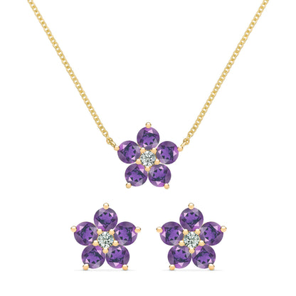 Greenwich Flower Amethyst & Diamond Necklace and Earrings Set in 14k Gold (February)