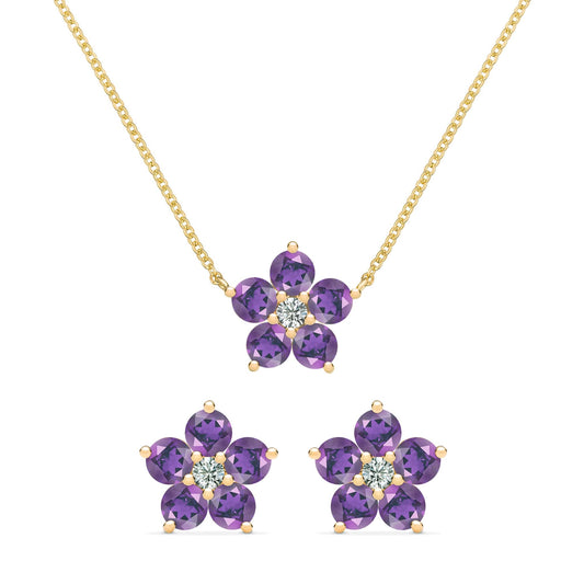 Greenwich Flower Amethyst & Diamond Necklace and Earrings Set in 14k Gold (February)