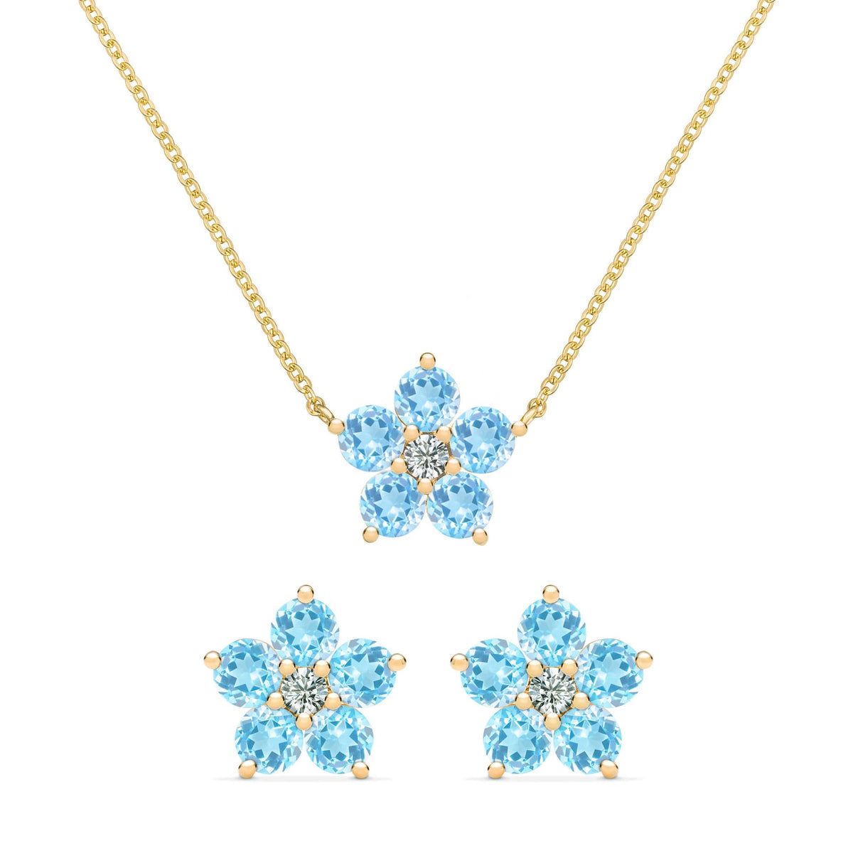 Greenwich Flower Nantucket Blue Topaz & Diamond Necklace and Earrings Set in 14k Gold (December)