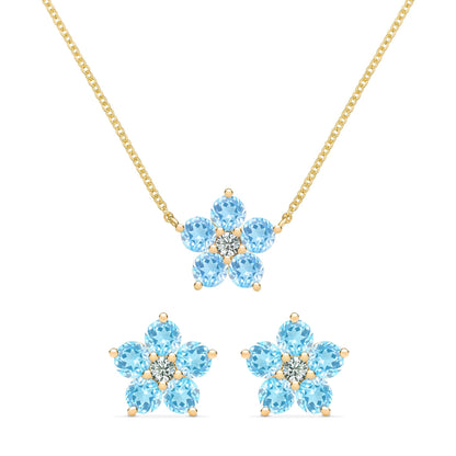 Greenwich Flower Nantucket Blue Topaz & Diamond Necklace and Earrings Set in 14k Gold (December)