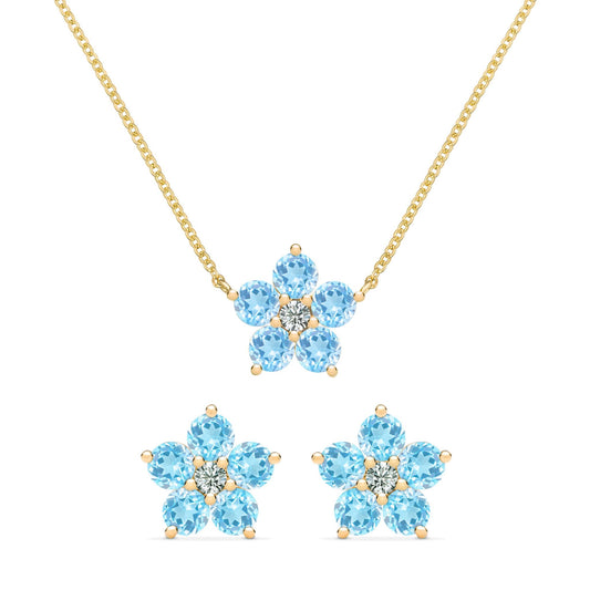 Greenwich Flower Nantucket Blue Topaz & Diamond Necklace and Earrings Set in 14k Gold (December)