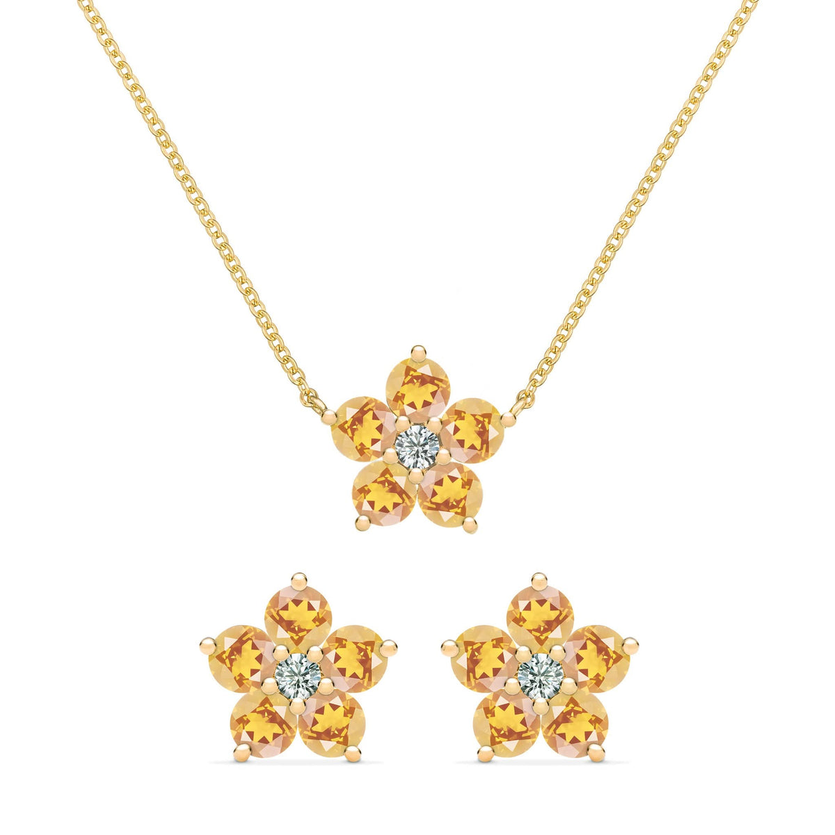 Greenwich Flower Citrine & Diamond Necklace and Earrings Set in 14k Gold (November)