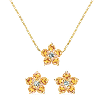 Greenwich Flower Citrine & Diamond Necklace and Earrings Set in 14k Gold (November)