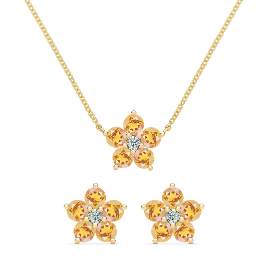 Greenwich Flower Citrine & Diamond Necklace and Earrings Set in 14k Gold (November)