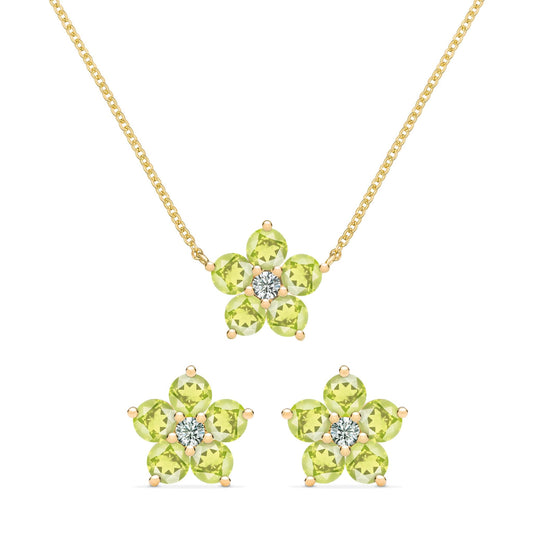 Greenwich Flower Peridot & Diamond Necklace and Earrings Set in 14k Gold (August)