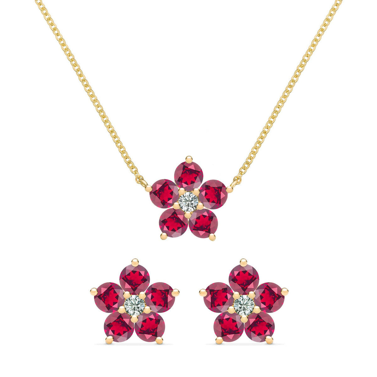Greenwich Flower Ruby & Diamond Necklace and Earrings Set in 14k Gold (July)