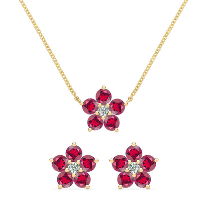 Greenwich Flower Ruby & Diamond Necklace and Earrings Set in 14k Gold (July)