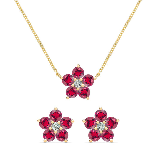 Greenwich Flower Ruby & Diamond Necklace and Earrings Set in 14k Gold (July)