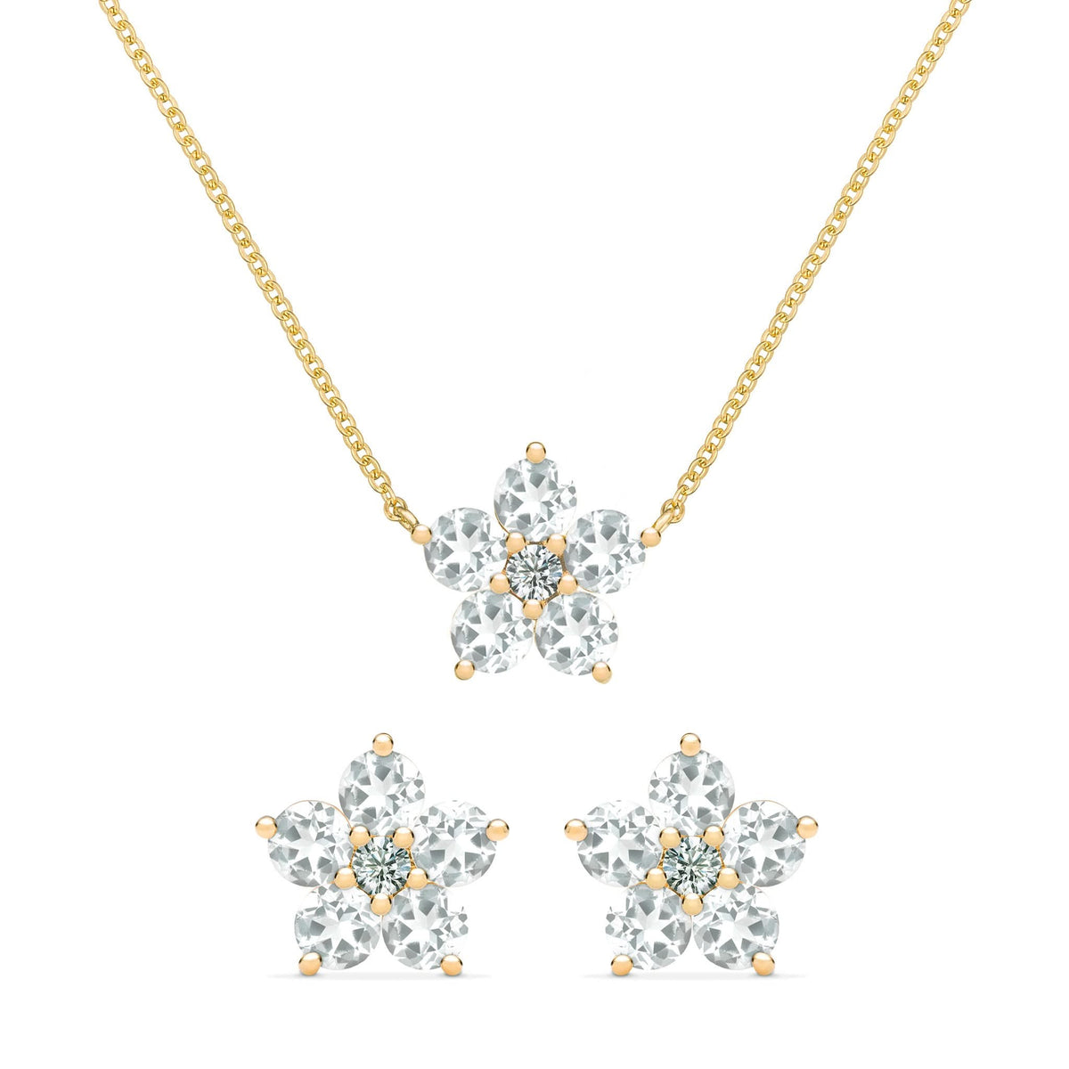 Greenwich Flower White Topaz & Diamond Necklace and Earrings Set in 14k Gold (April)