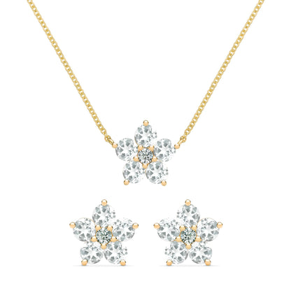 Greenwich Flower White Topaz & Diamond Necklace and Earrings Set in 14k Gold (April)