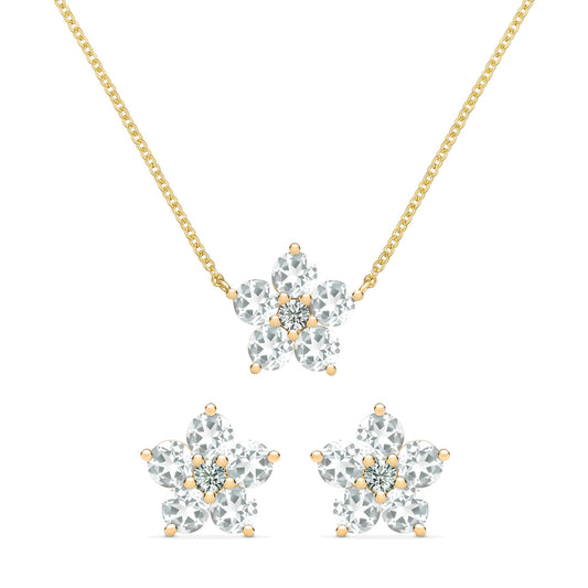 Greenwich Flower White Topaz & Diamond Necklace and Earrings Set in 14k Gold (April)