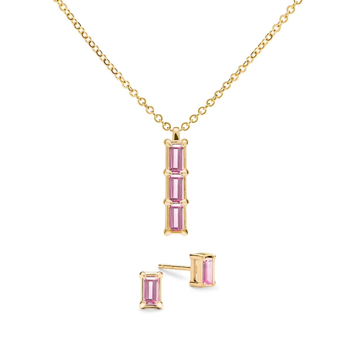 Providence 3 Pink Sapphire Pendant and Stud Earrings Set in 14k Gold (October)