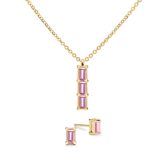 Providence 3 Pink Sapphire Pendant and Stud Earrings Set in 14k Gold (October)
