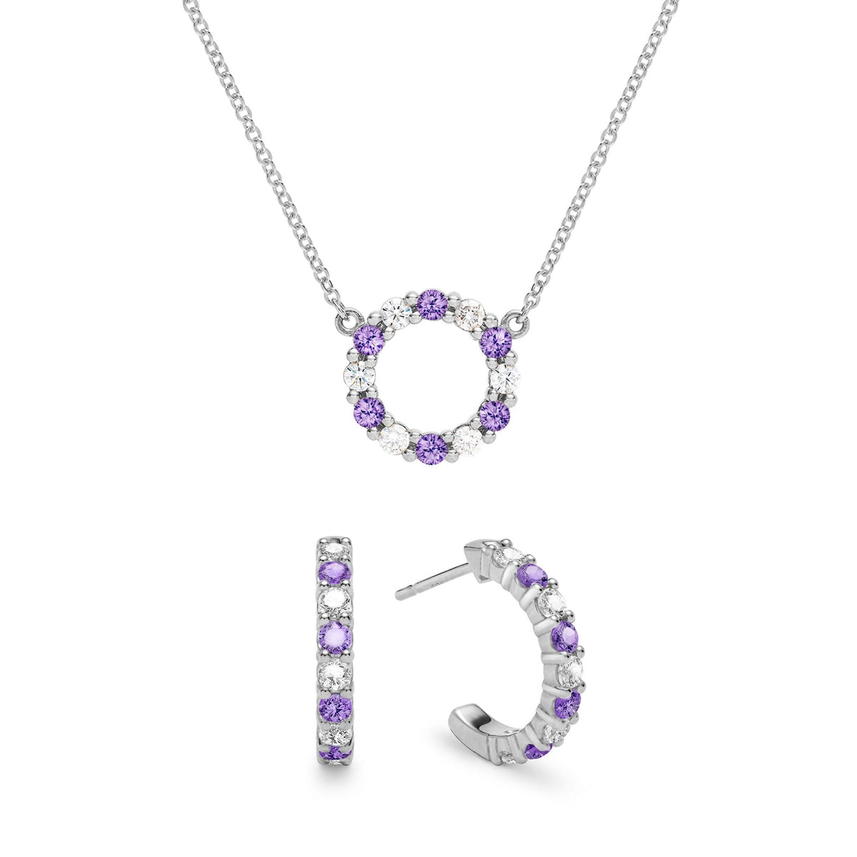 Rosecliff Small Circle Diamond & Amethyst Necklace and Huggie Hoop Earrings Set in 14k Gold (February)