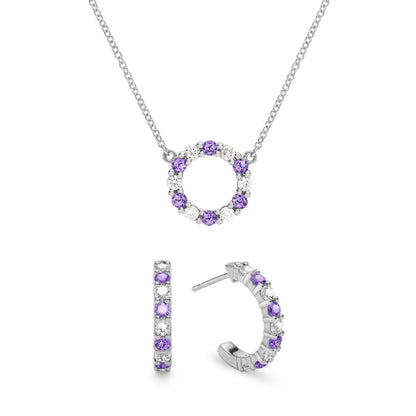 Rosecliff Small Circle Diamond & Amethyst Necklace and Huggie Hoop Earrings Set in 14k Gold (February)