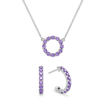 Rosecliff Small Circle Amethyst Necklace and Huggie Hoop Earrings Set in 14k Gold (February)