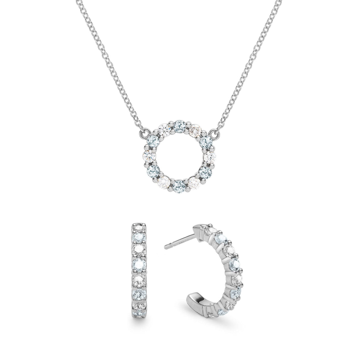 Rosecliff Small Circle Diamond & Aquamarine Necklace and Huggie Hoop Earrings Set in 14k Gold (March)