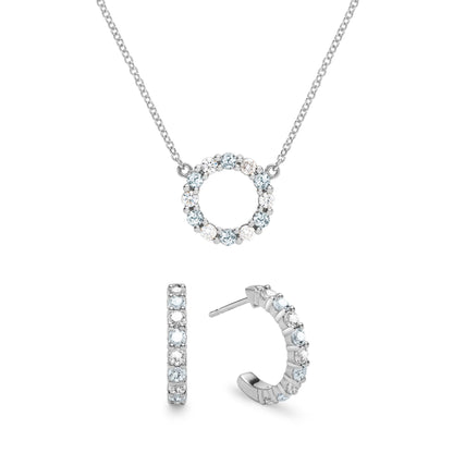 Rosecliff Small Circle Diamond & Aquamarine Necklace and Huggie Hoop Earrings Set in 14k Gold (March)