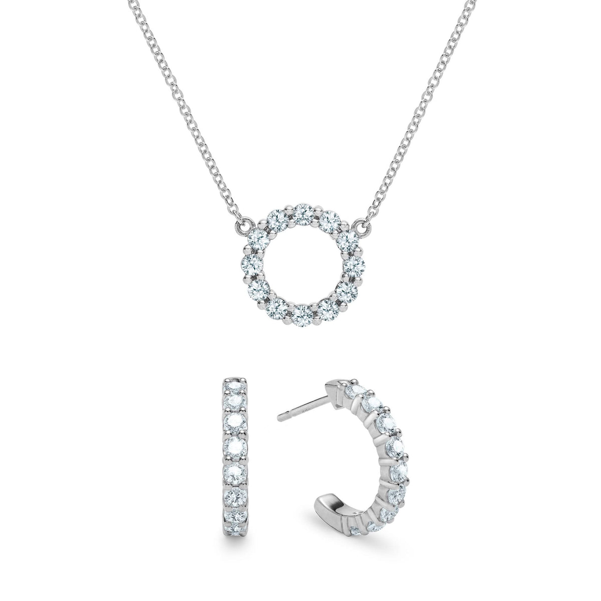 Rosecliff Small Circle Aquamarine Necklace and Huggie Hoop Earrings Set in 14k Gold (March)