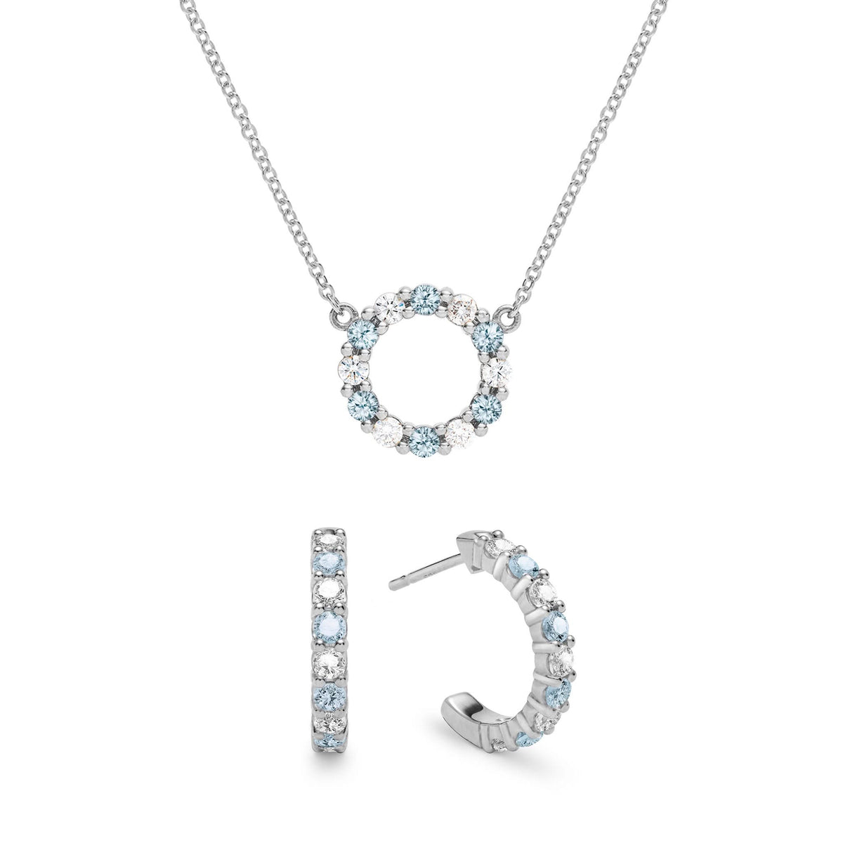 Rosecliff Small Circle Diamond & Nantucket Blue Topaz Necklace and Huggie Hoop Earrings Set in 14k Gold (December)