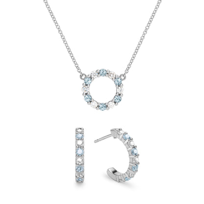 Rosecliff Small Circle Diamond & Nantucket Blue Topaz Necklace and Huggie Hoop Earrings Set in 14k Gold (December)