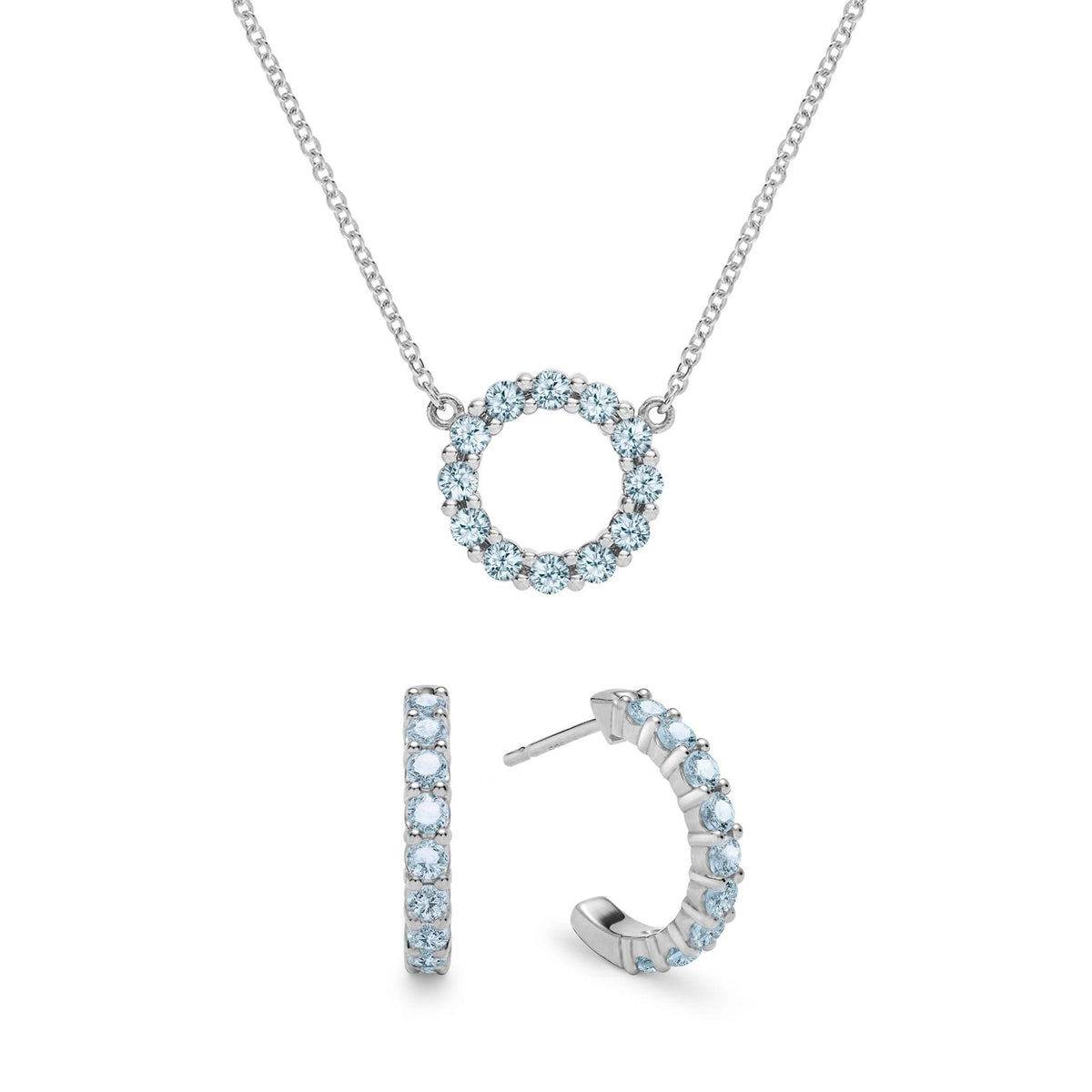 Rosecliff Small Circle Nantucket Blue Topaz Necklace and Huggie Hoop Earrings Set in 14k Gold (December)