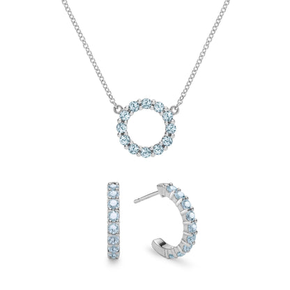 Rosecliff Small Circle Nantucket Blue Topaz Necklace and Huggie Hoop Earrings Set in 14k Gold (December)