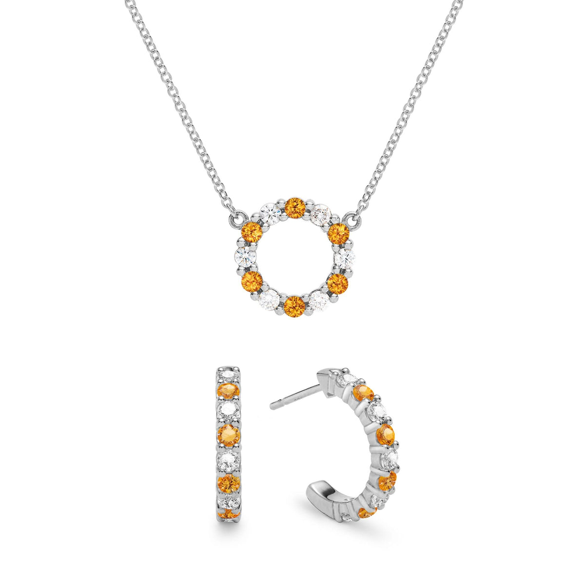 Rosecliff Small Circle Diamond & Citrine Necklace and Huggie Hoop Earrings Set in 14k Gold (November)