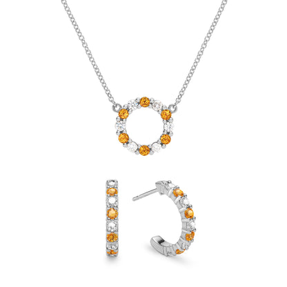 Rosecliff Small Circle Diamond & Citrine Necklace and Huggie Hoop Earrings Set in 14k Gold (November)