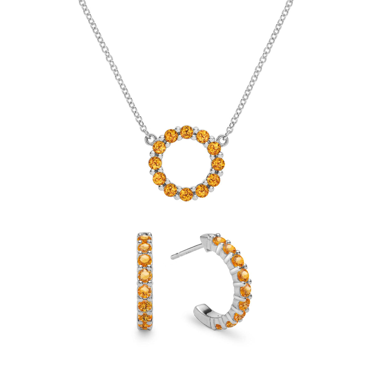 Rosecliff Small Circle Citrine Necklace and Huggie Hoop Earrings Set in 14k Gold (November)
