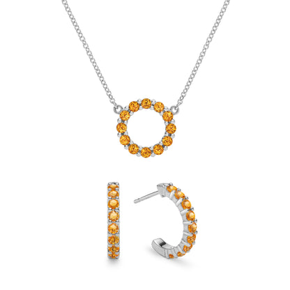 Rosecliff Small Circle Citrine Necklace and Huggie Hoop Earrings Set in 14k Gold (November)