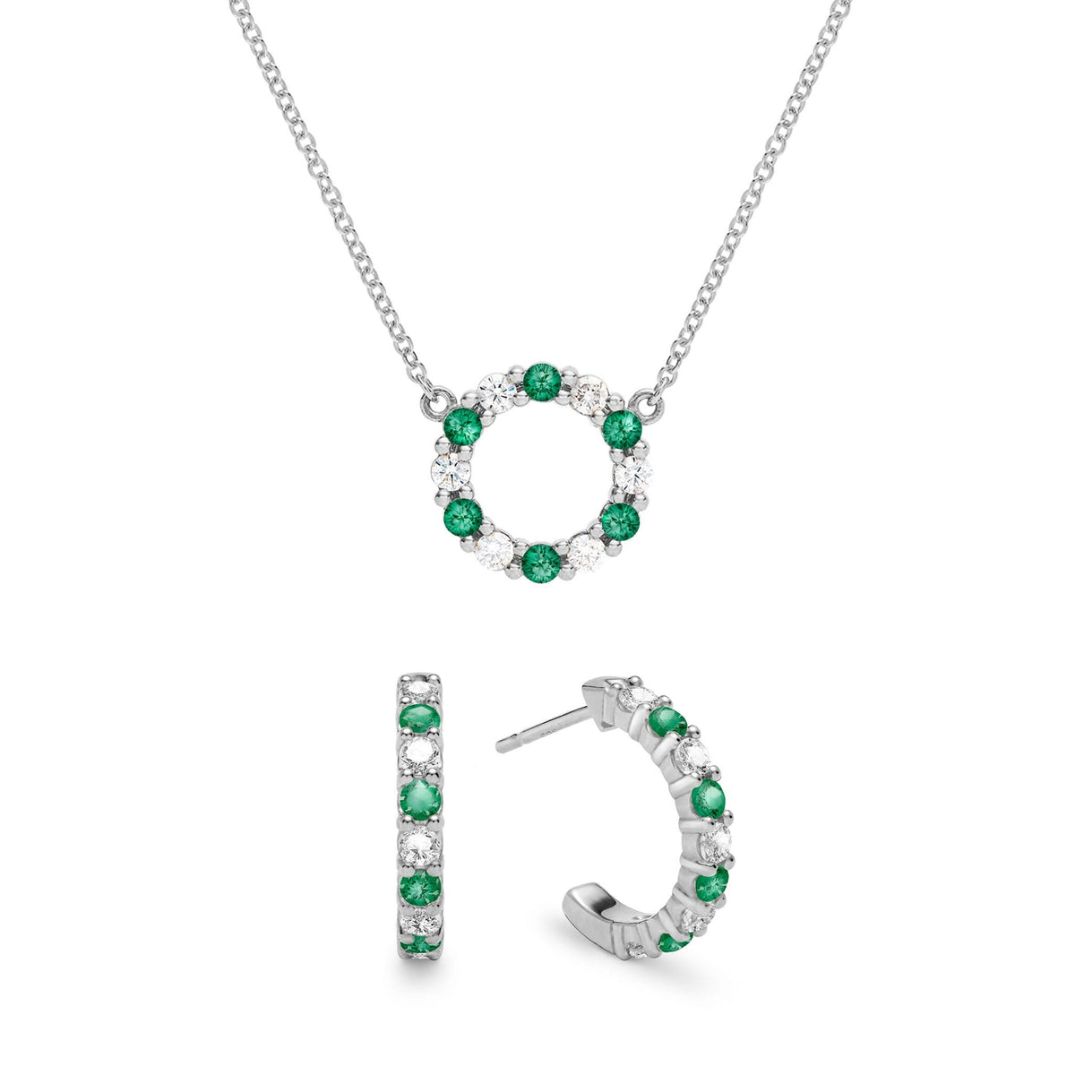 Rosecliff Small Circle Diamond & Emerald Necklace and Huggie Hoop Earrings Set in 14k Gold (May)