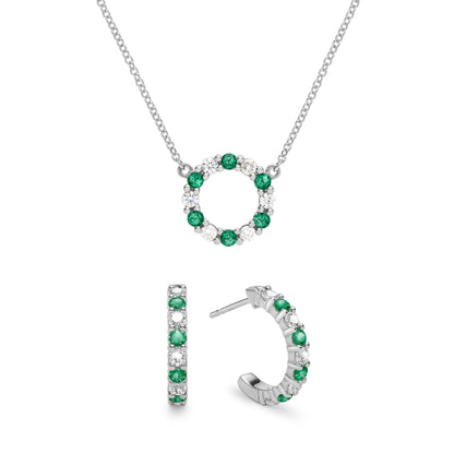 Rosecliff Small Circle Diamond & Emerald Necklace and Huggie Hoop Earrings Set in 14k Gold (May)