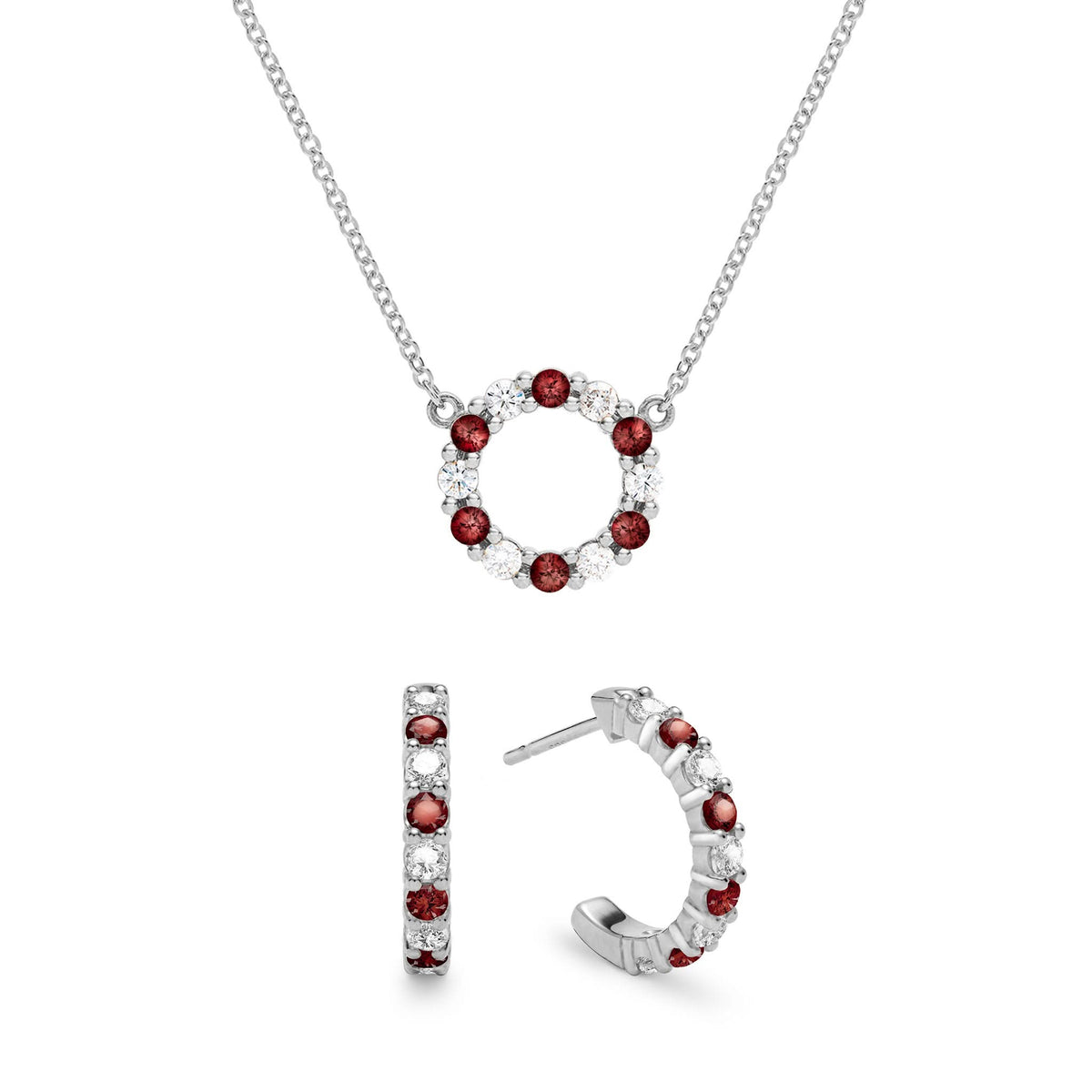 Rosecliff Small Circle Diamond & Garnet Necklace and Huggie Hoop Earrings Set in 14k Gold (January)