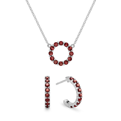 Rosecliff Small Circle Garnet Necklace and Huggie Hoop Earrings Set in 14k Gold (January)