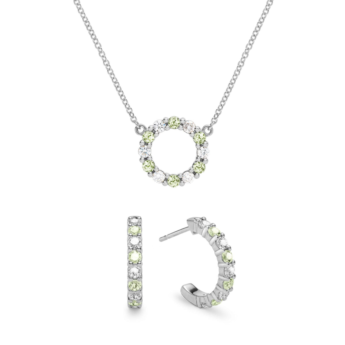Rosecliff Small Circle Diamond & Peridot Necklace and Huggie Hoop Earrings Set in 14k Gold (August)
