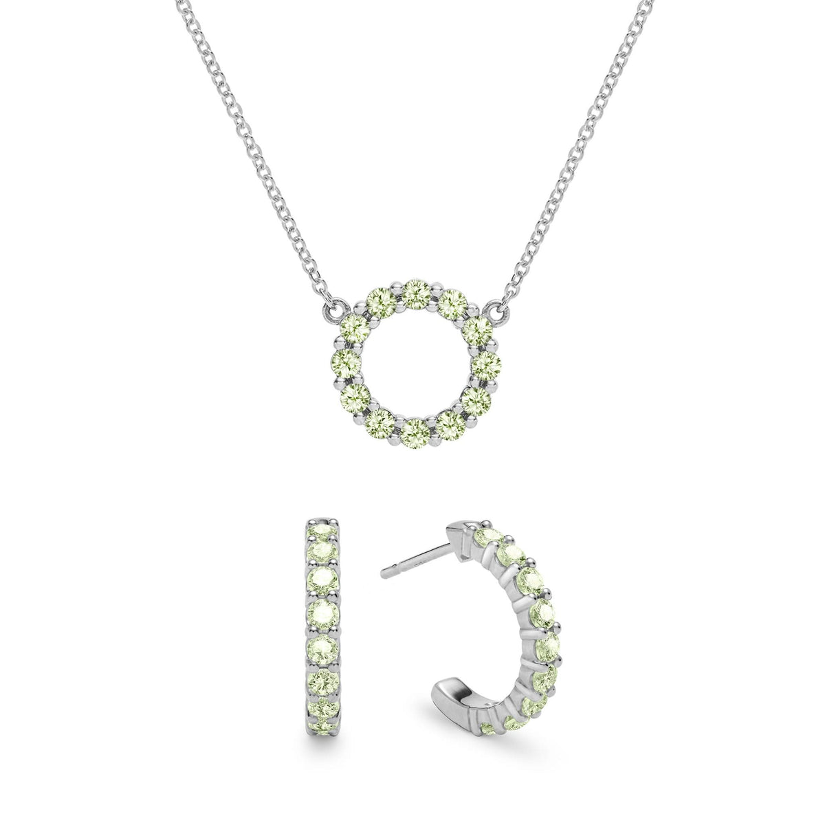 Rosecliff Small Circle Peridot Necklace and Huggie Hoop Earrings Set in 14k Gold (August)
